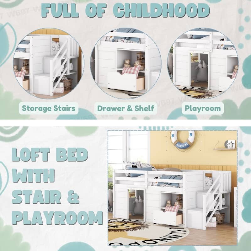 Twin Size Low Loft Bed with Drawer,Shelves and Under Bed Play Space