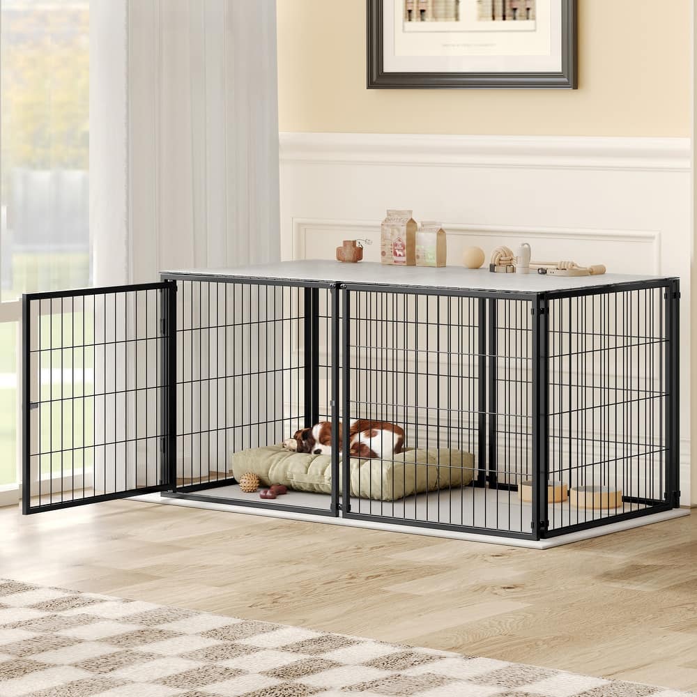 48" Iron Dog Kennel with Top, Pet Cage Indoor Outdoor Kennel