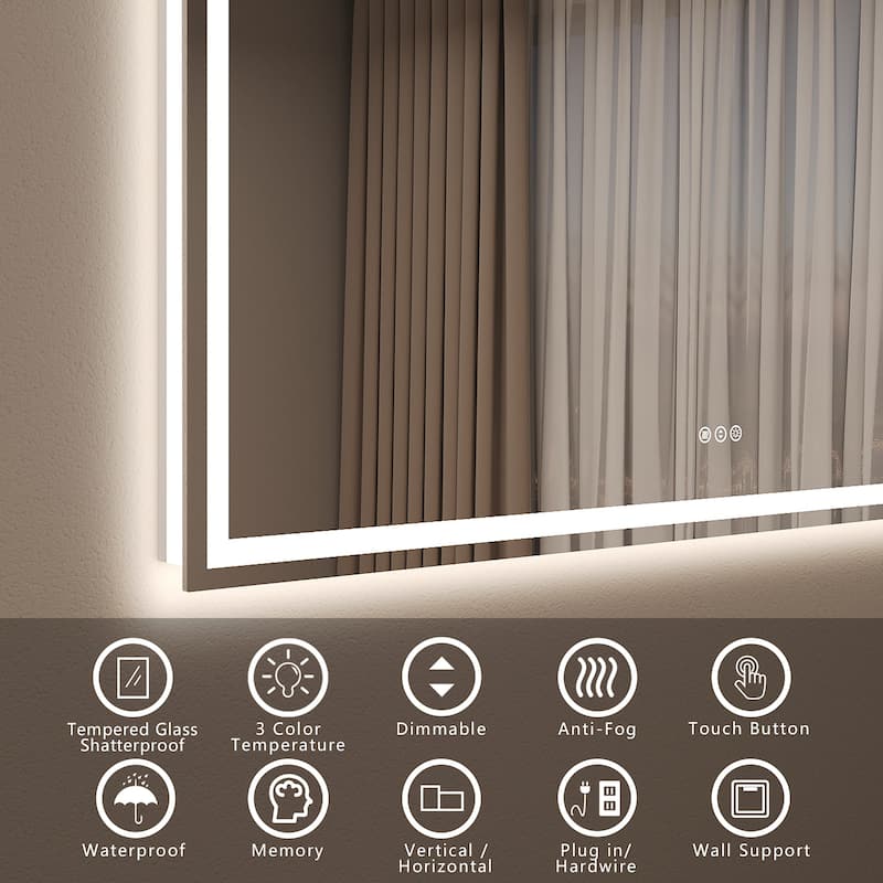 Frameless LED Front Light and Backlit 3 Colors Dimmable Anti-Fog Wall Bathroom Vanity Mirror
