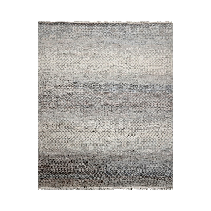 Beige Tibetan Wool & Bamboo Silk Hand Knotted Rug Geometric Style - 8' x 10'