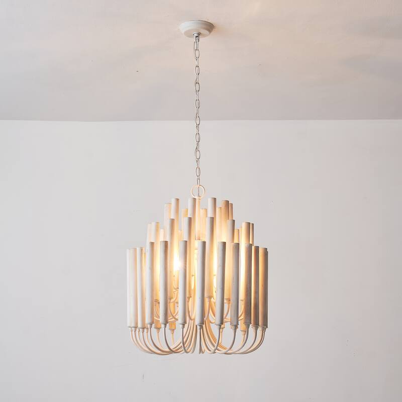 20" 5-Light Coastal 3-Tier Off-White Wood Chandelier - 19.7" D x 19.7" W x 23.7" H