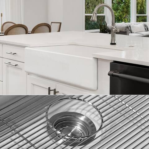 Fossil Blu 36-Inch SOLID Fireclay Farmhouse Sink in White, Stainless Steel Accessories, Flat Front - 36 x 20 x 10