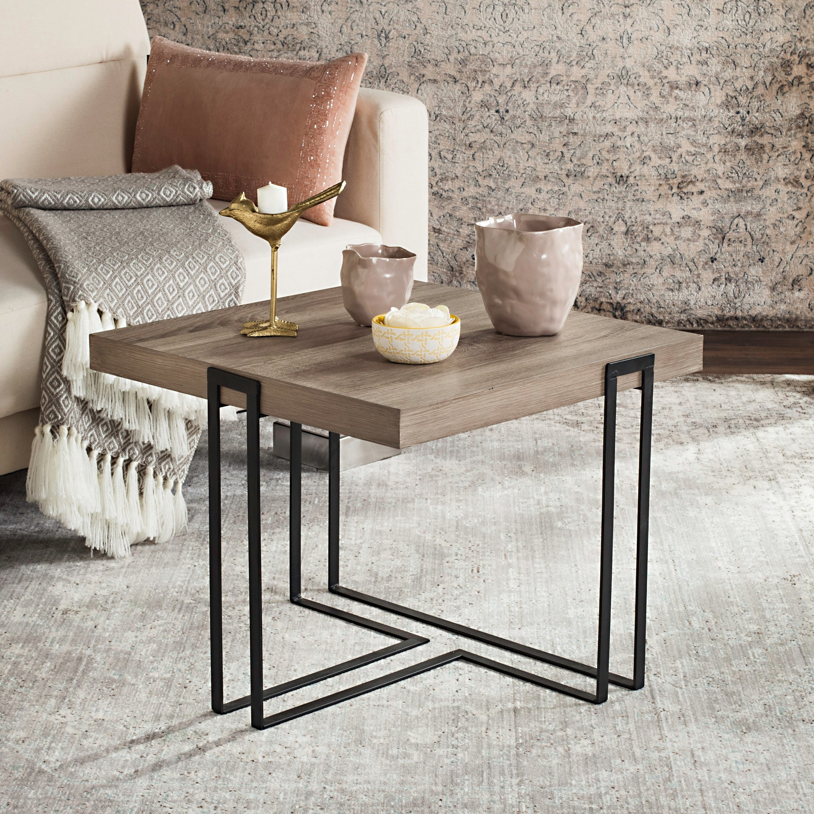 SAFAVIEH Tanya Scandinavian Metal End Table, Light Oak - 22Wx22Dx18H