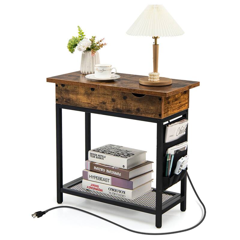 Gymax 2PCS End Table Charging Station Industrial Nightstand Flip Top