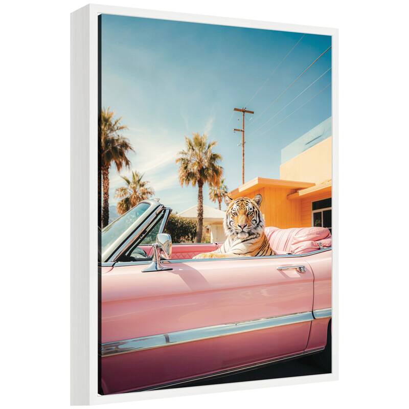 Kate and Laurel Cool Tiger Sitting in a Pink Classic Car by Michael Schauer Framed Canvas Wall Art Print - 18 x 24 - White