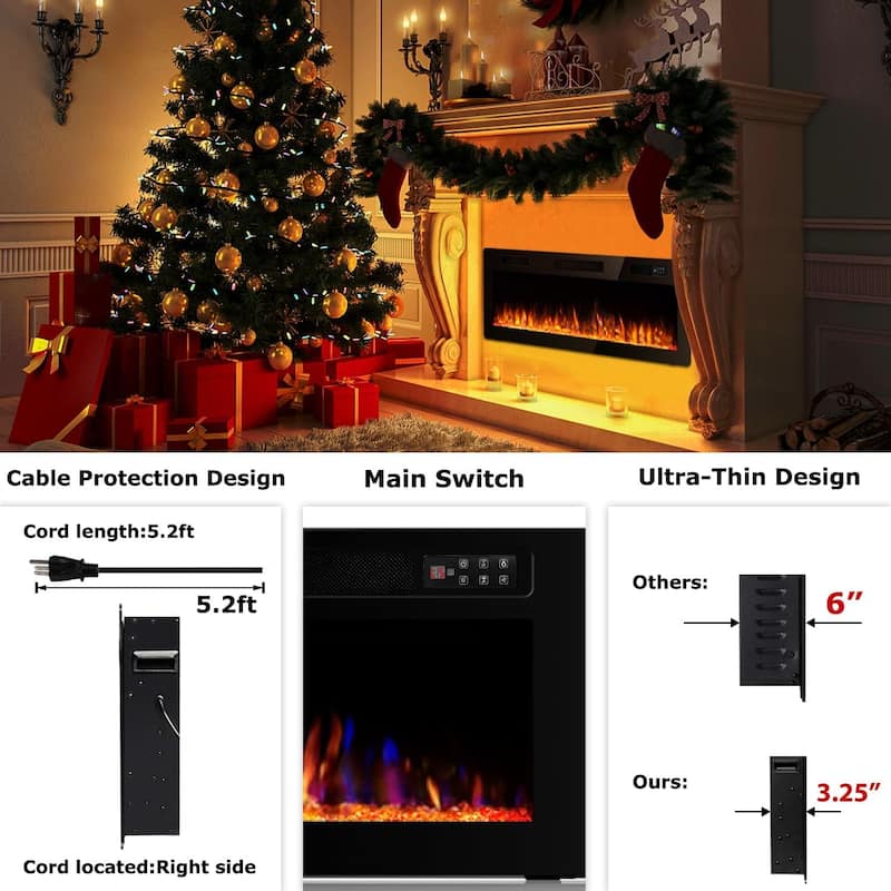 Bossin 30 to 72 inch Electric Fireplace Ultra-Thin and Silence Linear Recessed Wall Mounted Fireplace with Remote Control