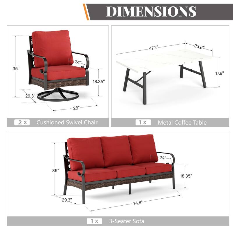 MAISON ARTS 5-Seat Outdoor Patio Furniture Sets, 2 x Cushioned Chairs, 1 x 3-Seat Sofa with Marbling Coffee Table