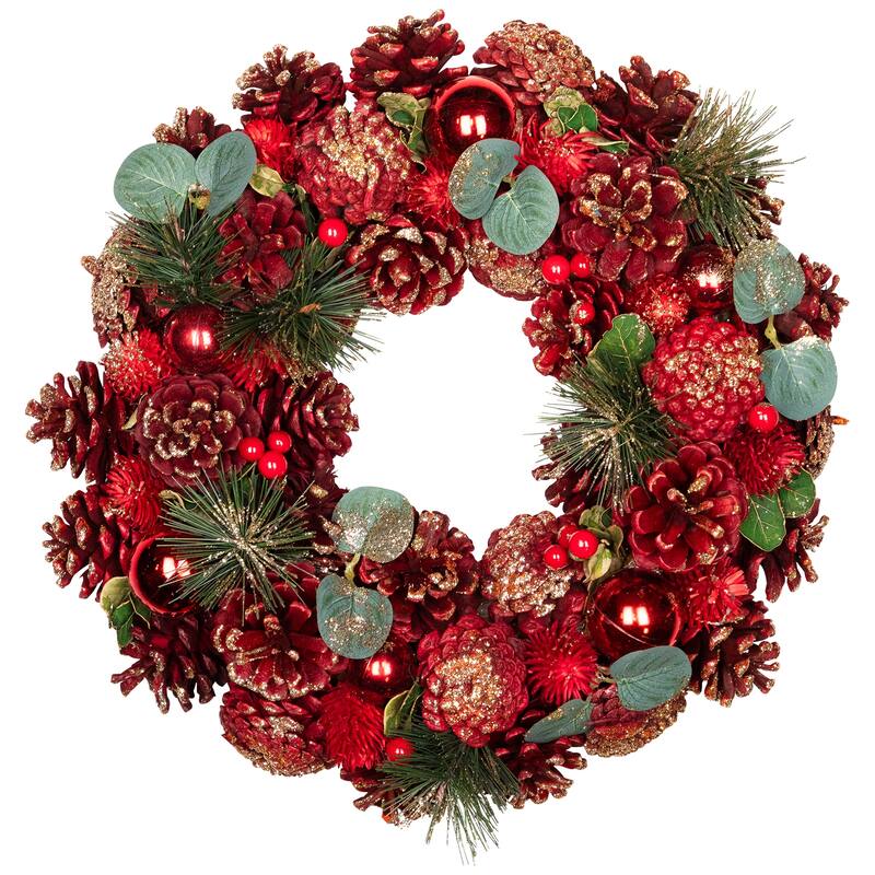 Pinecone, Berry and Ball Ornament Glittered Artificial Christmas Wreath - 13" - Unlit