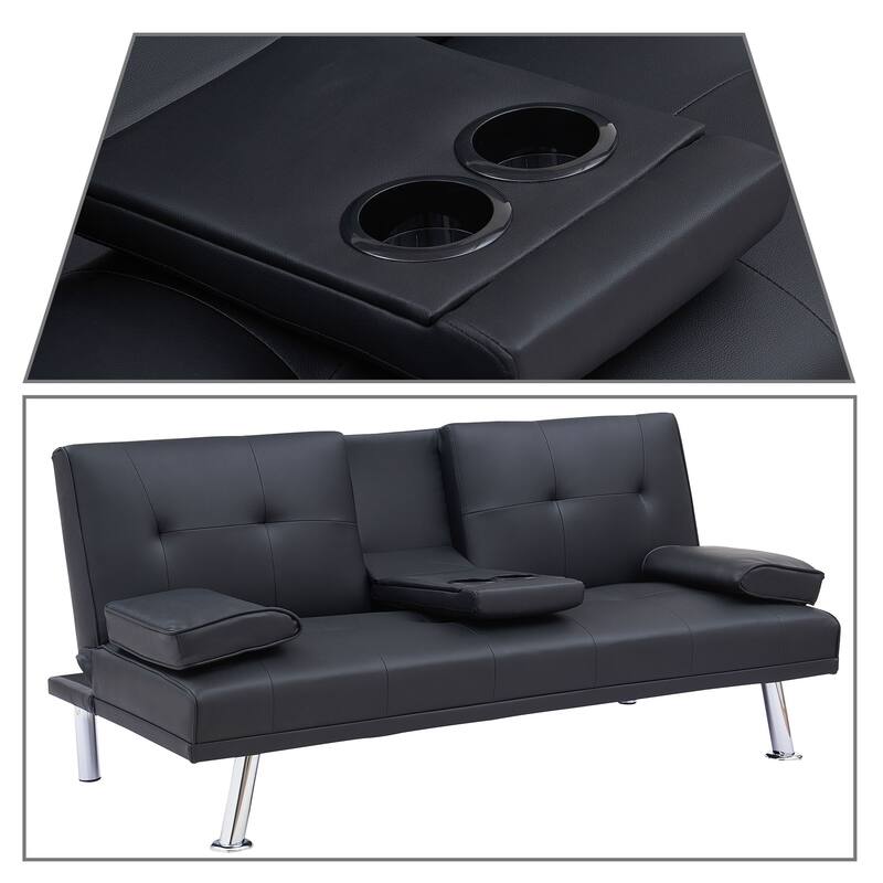 Classic PVC Leather Upholstered Convertible Futo Sofa Bed with Cup Holders