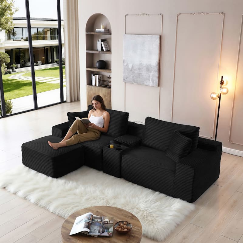 111" L-Shaped Corduroy Boneless Sectional Sofa with Ottoman