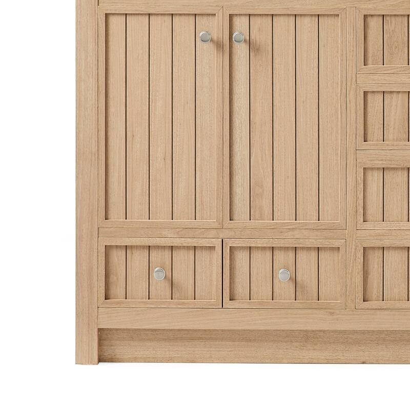 HomeRoots 60" Natural Wood Double Bathroom Vanity With White And Gray Quartz Countertop - 60.00 in. x 35.00 in. x 22.00 in.