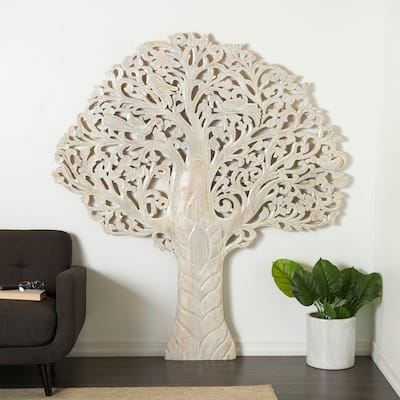 White or Brown Mango Wood Large Carved Tree Wall Decor with Scrollwork