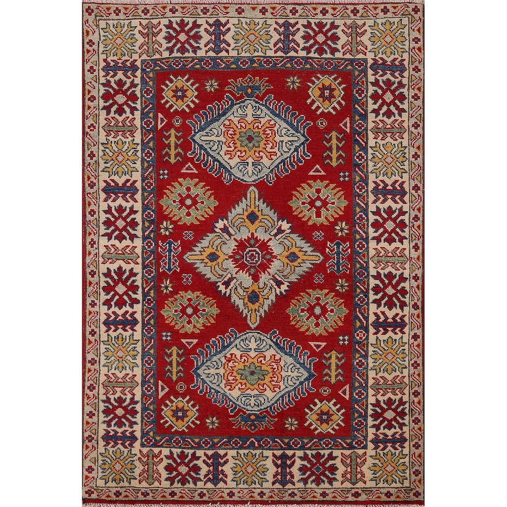 Kazak Oriental Accent Rug Handmade Traditional Red Wool Carpet - 3'3" x 4'7"