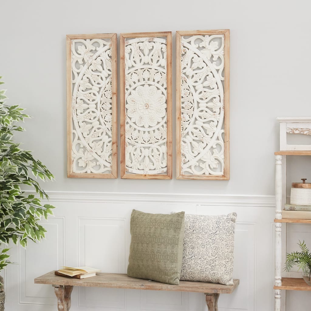 White Wood Intricately Carved Floral Home Wall Decor with Mandala Design (Set of 3)