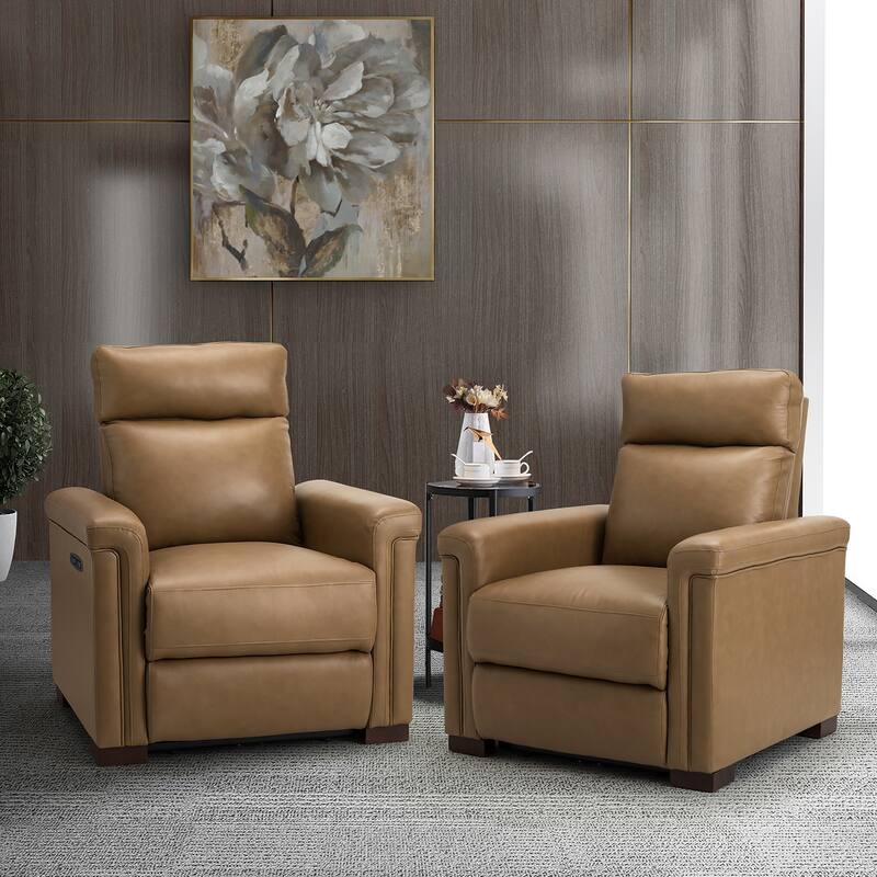 Alicia 34.65" Wide Contemporary Classic Genuine Leather Power Recliner With USB Port, Set of 2