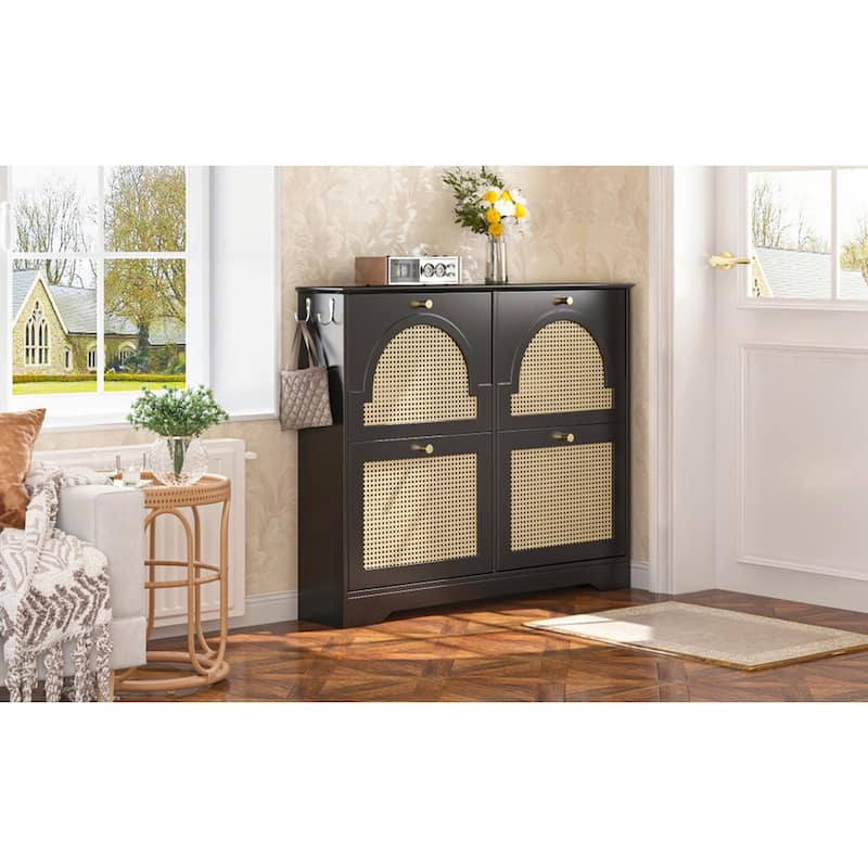 Mid-Century Narrow Design Tipping Bucket Shoe Cabinet with 4 Flip Drawers with Rattan Doors and Hooks - Black