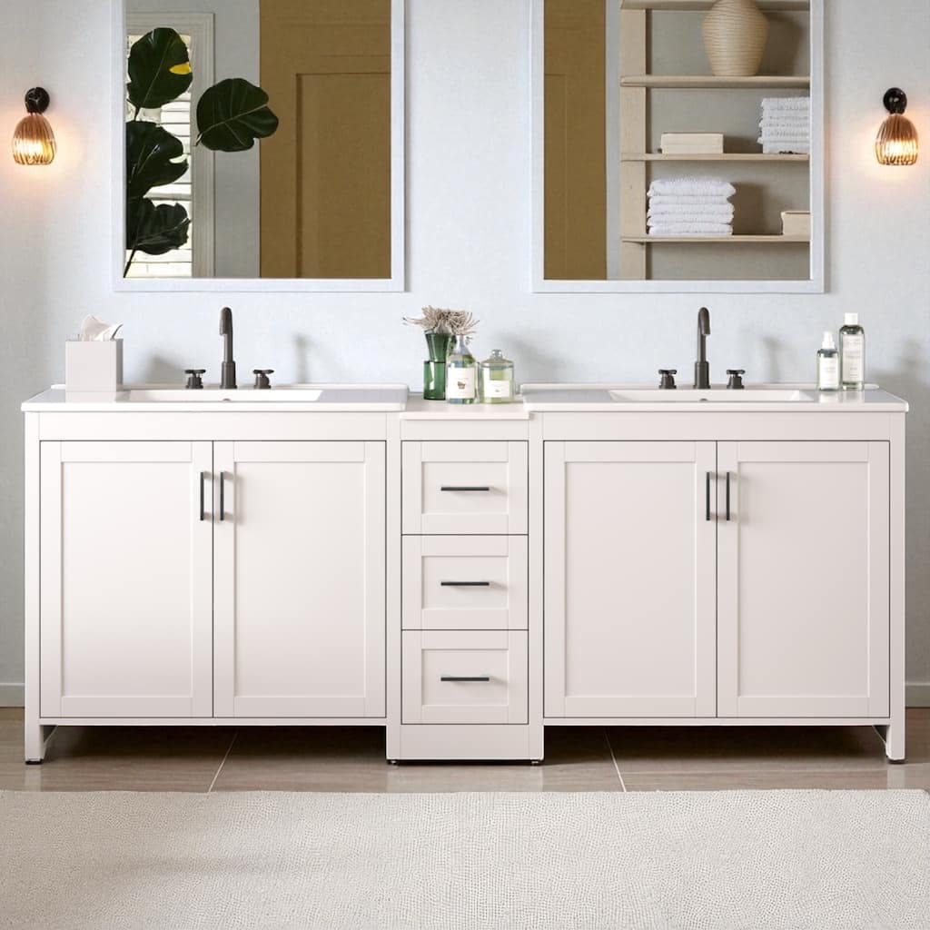 84" Double-Sink Bathroom Vanity with Quartz Countertop, 2 Ceramic Sinks, 3 Drawers, and Adjustable Shelves