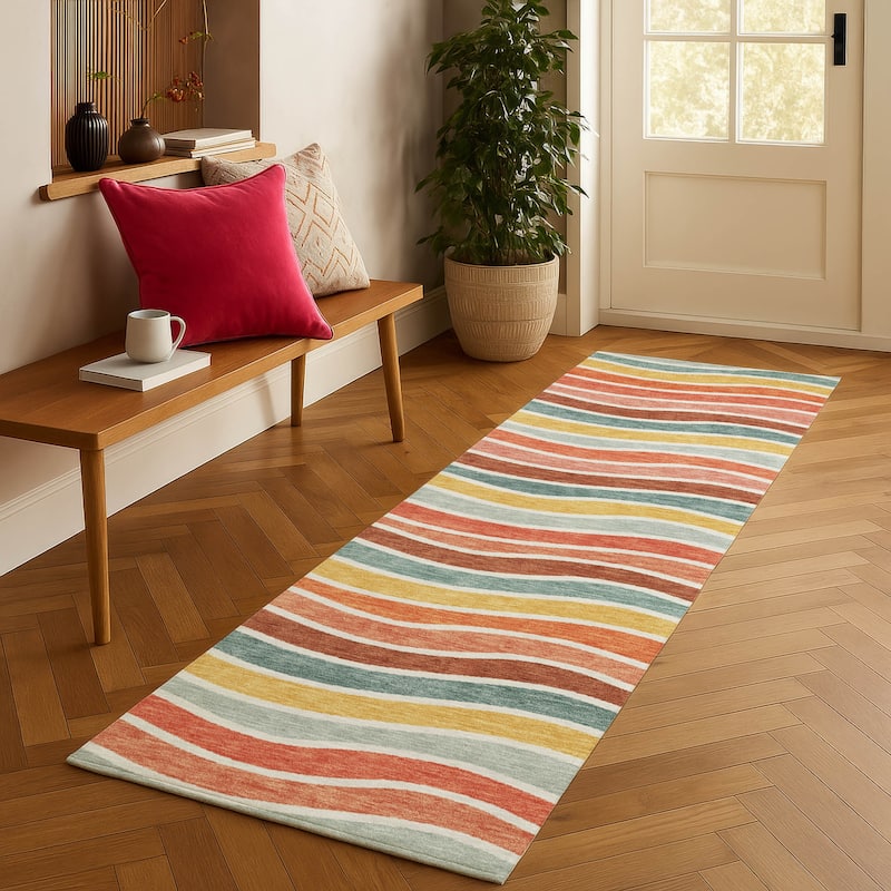 Machine Washable Indoor/ Outdoor Contemporary Stripe Chantille Rug