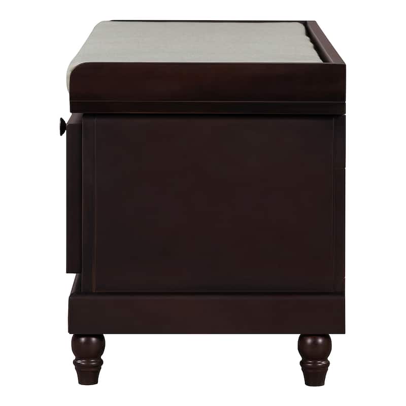 Roomfitters Classic Entryway Bench with Cushion, 3 Hidden Storage Spaces, Grooved Doors and Round Handles