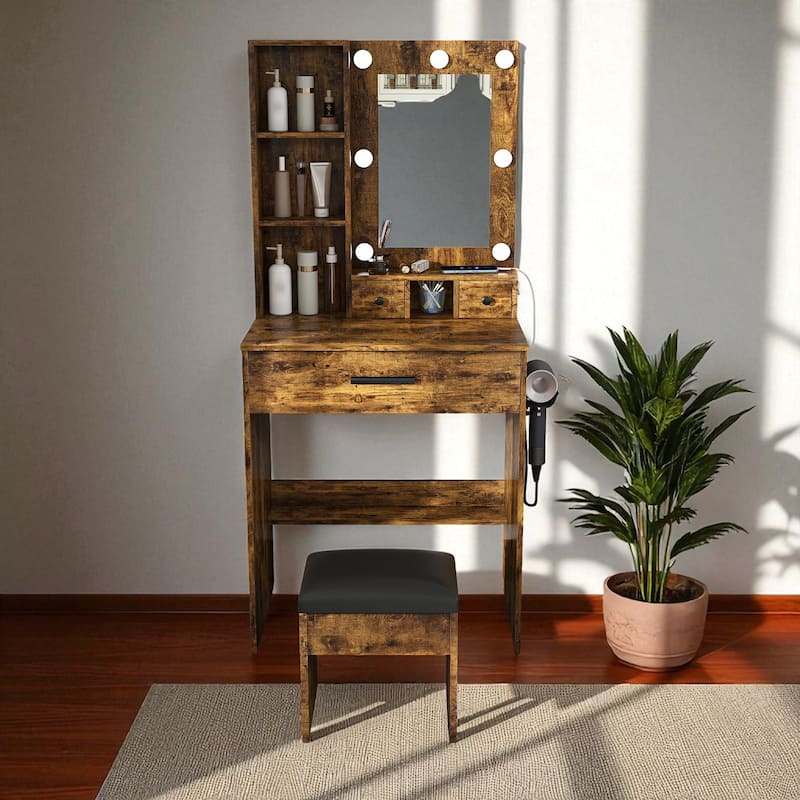 Small Vanity Desk with LED Mirror, Charging Station, Hairdryer Holder & Storage Drawers, Makeup Table with Stool - Vintage