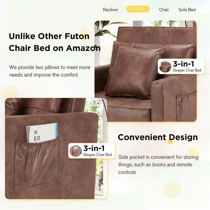 AECOJOY Adjustable Sleeper Chair Bed 3-in-1 Convertible Futon Sofa