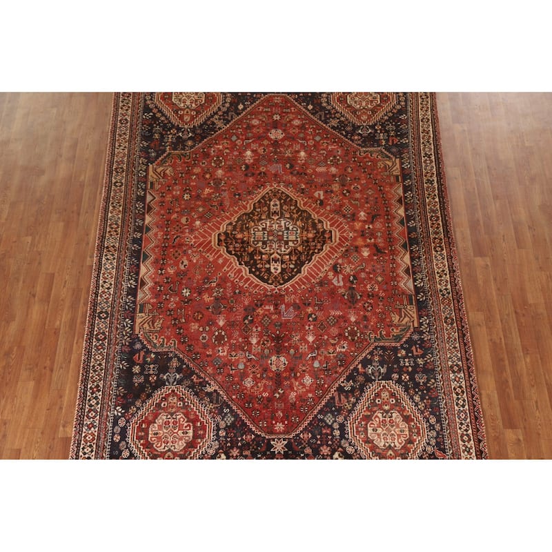Hand Knotted Oriental 100% Wool Carpet Traditional Medallion Red Shiraz Area Rug - 9' 10'' X 6' 11''