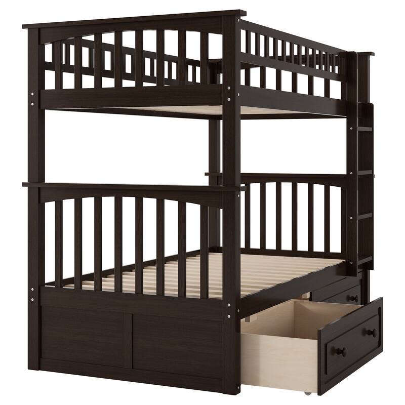 Wooden Storage Bunk Bed Frame with Fence-shaped Guardrails and Pull-out Drawers, Convertible 2 Platform Beds, Detachable Design
