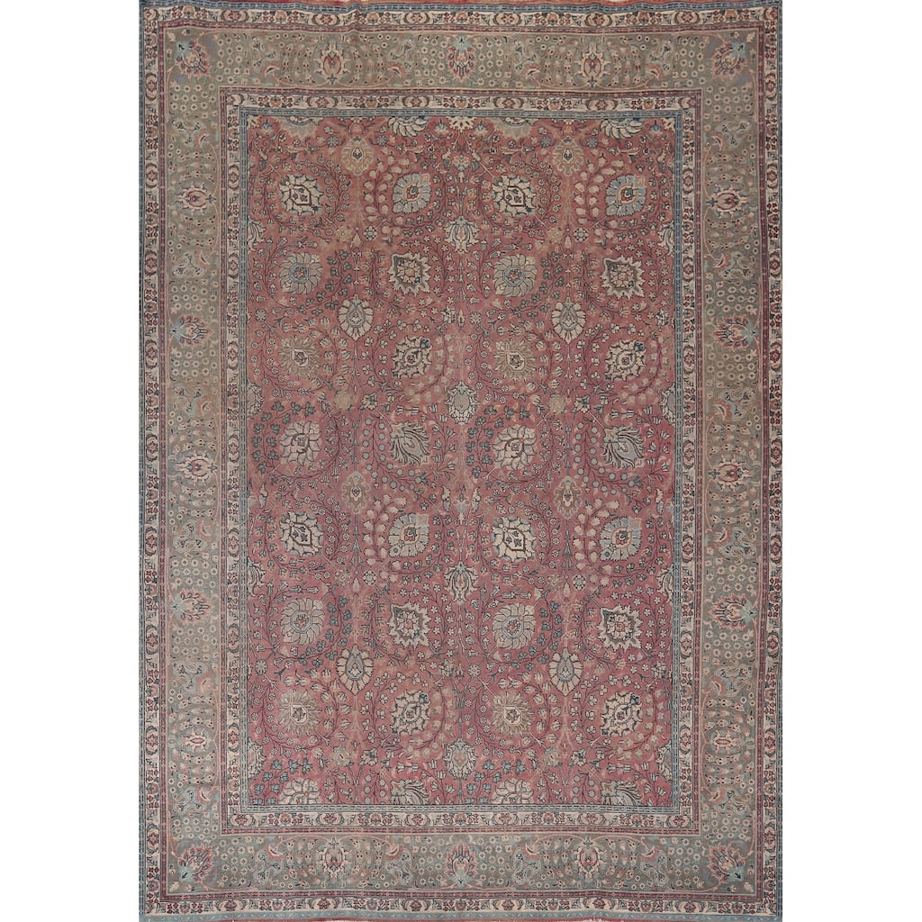 Vintage Pink Floral Tabriz Persian Vintage Rug Handmade Wool Carpet - 9'6"x 12'9"