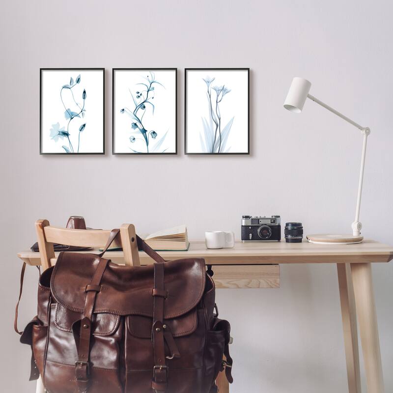 Stupell Aesthetic Minimalist Blue Botanical Floral Design Framed 3 Piece Wall Art - White