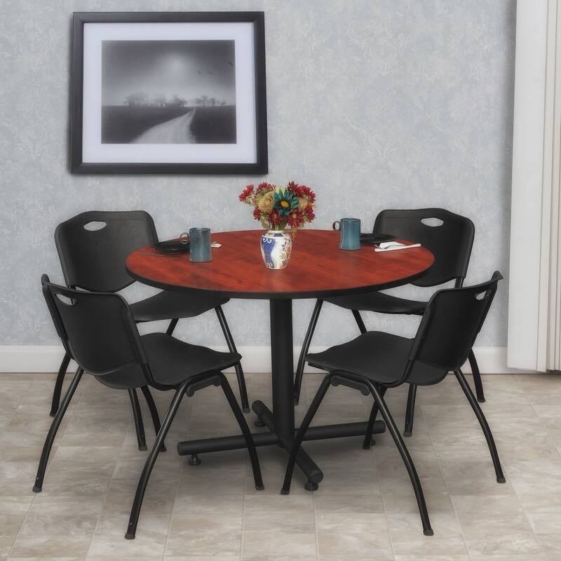 48 in. Round Breakroom Table- Cherry & 4 'M' Stack Chairs- Black