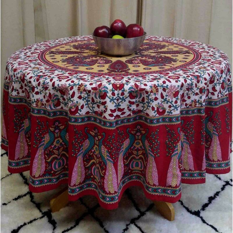 Cotton Lively Peacock Floral Tablecloth Round - 72 inches round - Red
