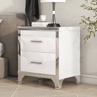 High Gloss Nightstand with Metal Handle, Mirrored Bedside Table with 2 Drawers