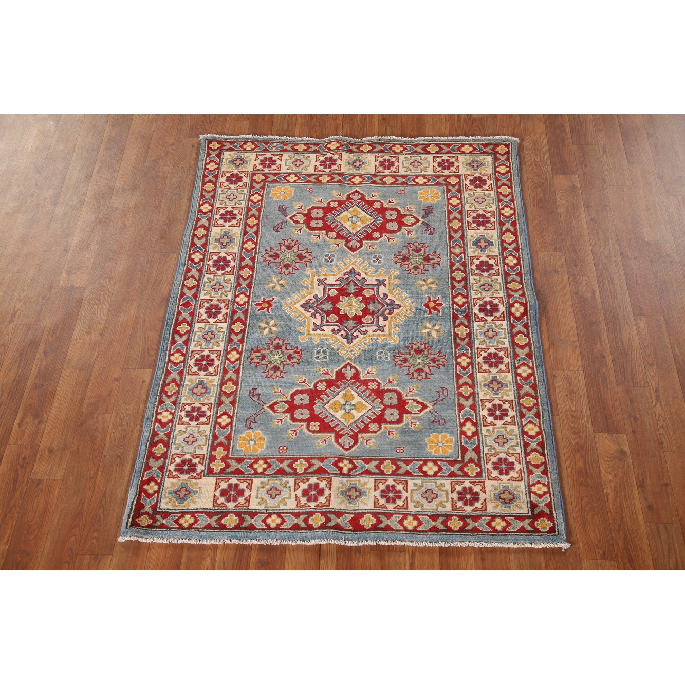 Light Blue Kazak Oriental Accent Rug Hand-Knotted Wool Carpet - 3'6"x 4'10"