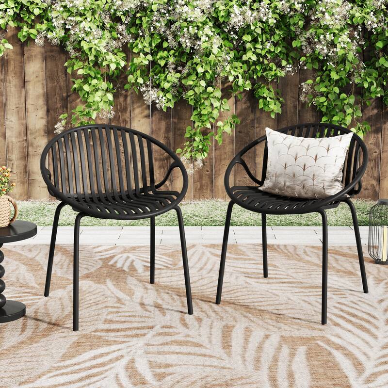 Patio Dining Chairs Set of 2 Modern Stackable Chairs with Breathable Plastic Backrest and Metal Legs for Outdoor, Backyard - Black
