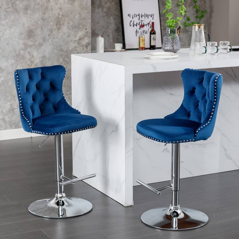 Roomfitters Swivel Velvet Bar Stools Set of 2, Adjustable Height Tufted Counter Chairs with Chrome Base and Nailhead Trim - Blue