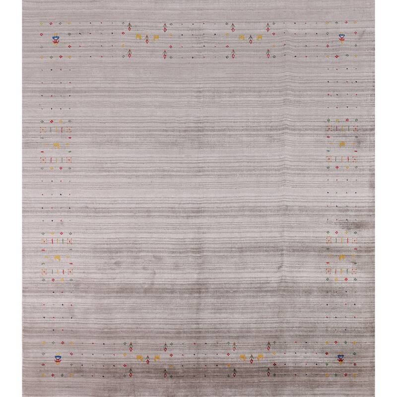 Striped Gabbeh Oriental Square Area Rug Handmade Silk Carpet - 7'11" x 7'9"