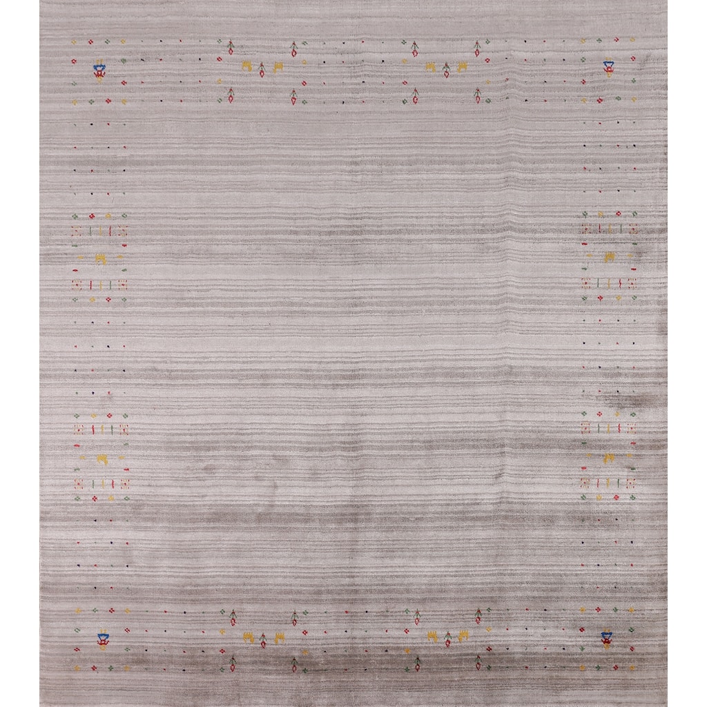 Striped Gabbeh Oriental Square Area Rug Handmade Silk Carpet - 7'11" x 7'9"