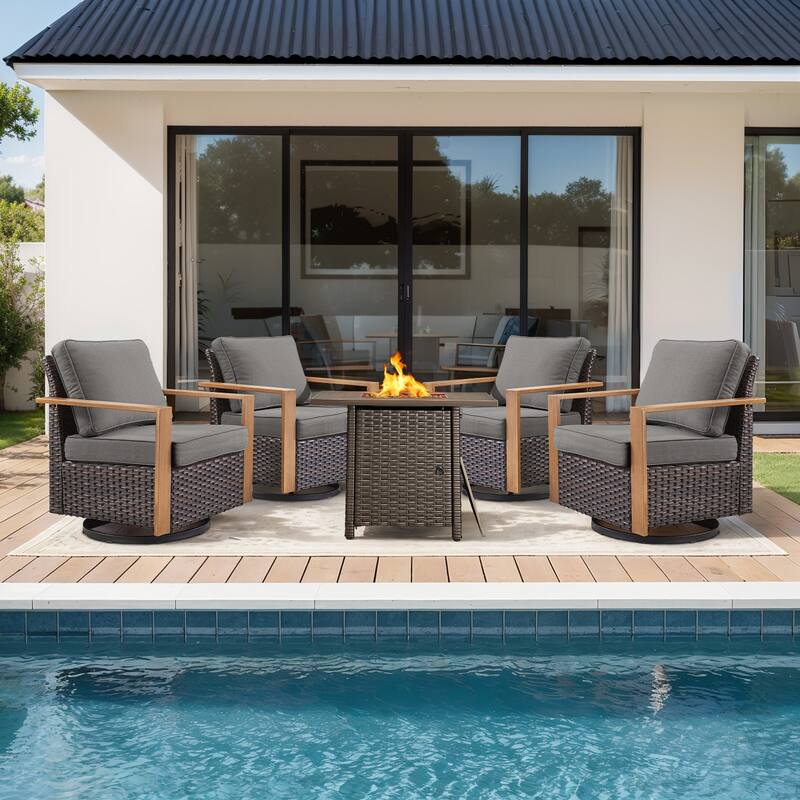 Meyreso 5-Piece Wicker Swivel Glider Fire Pit Set with Plush 4.5" Olefin Cushions