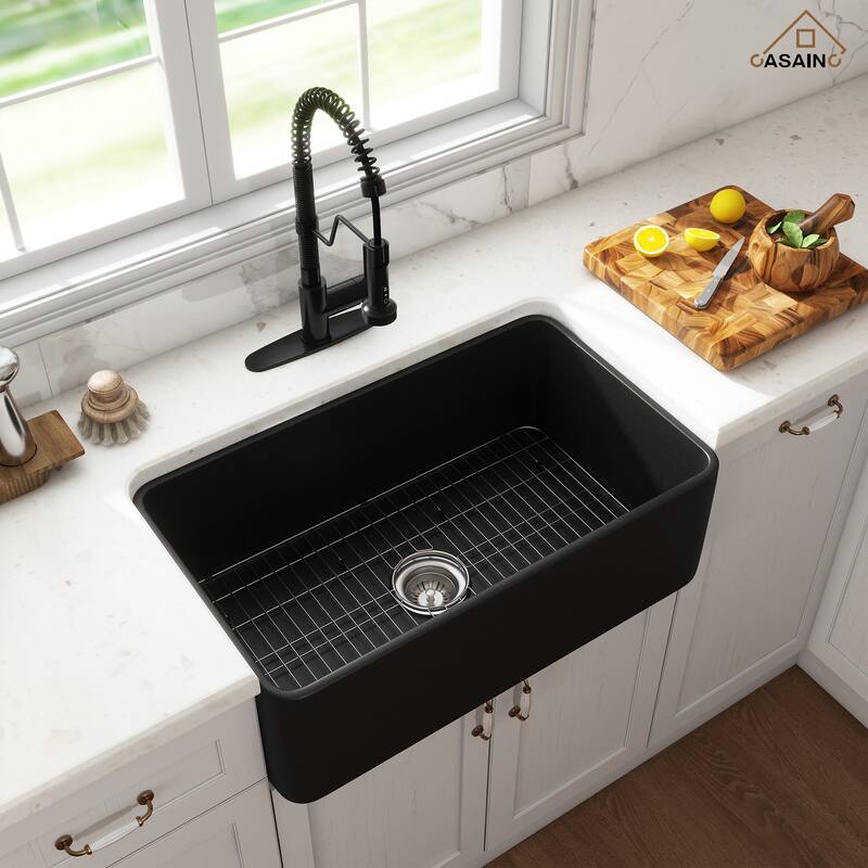 Farmhouse/Apron-Front Single Bowl Fireclay Kitchen Sink with 3-Function Pull-Down Faucet, Bottom Grid, and Basket Strainer