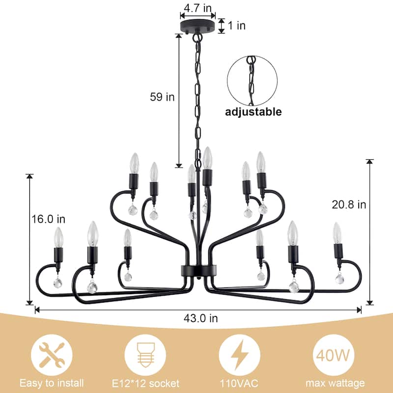12-Light Black Metal Chandelier with Adjustable Chain
