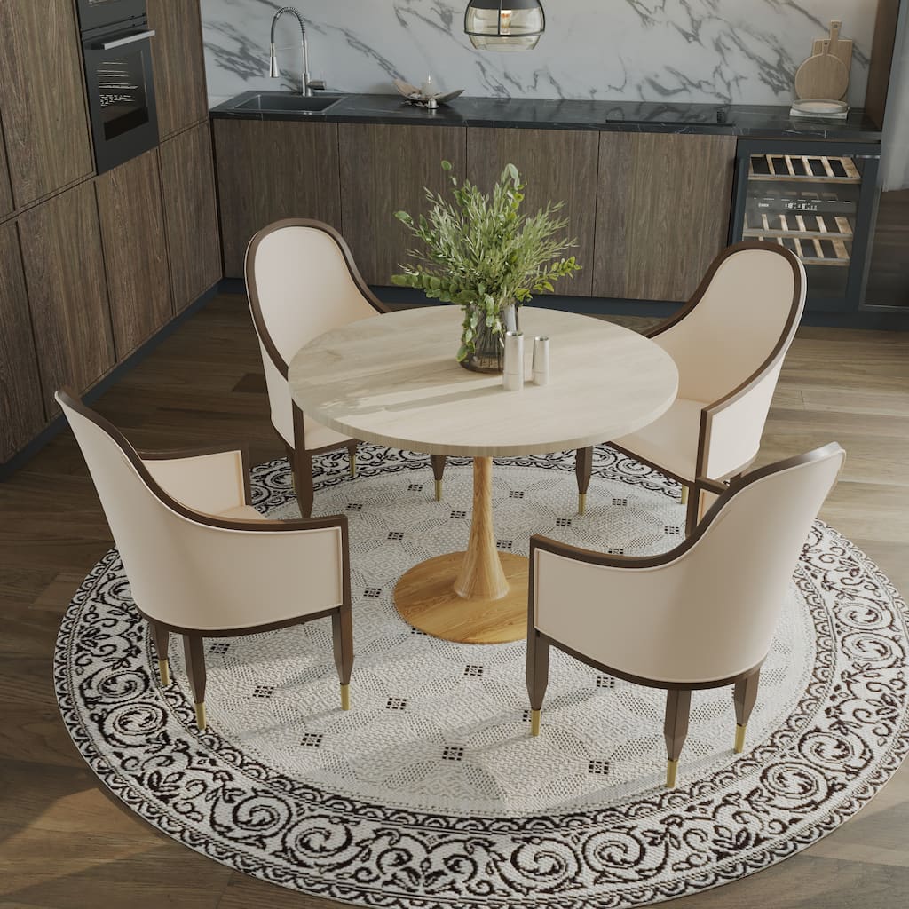 Bristol 35" Round Dining Table - Sintered Stone Top with Natural Wood Steel Pedestal Base - Modern Table for Kitchen & Dining