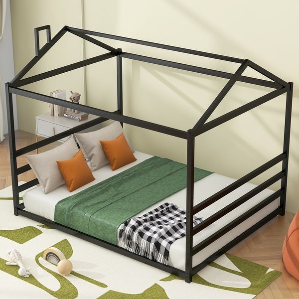 slide 2 of 24, Queen Size House Shape Platform Bed, Modern Floor Bed with Roof and Metal Bed Frame, No Box Spring Needed for Bedroom Black - Queen