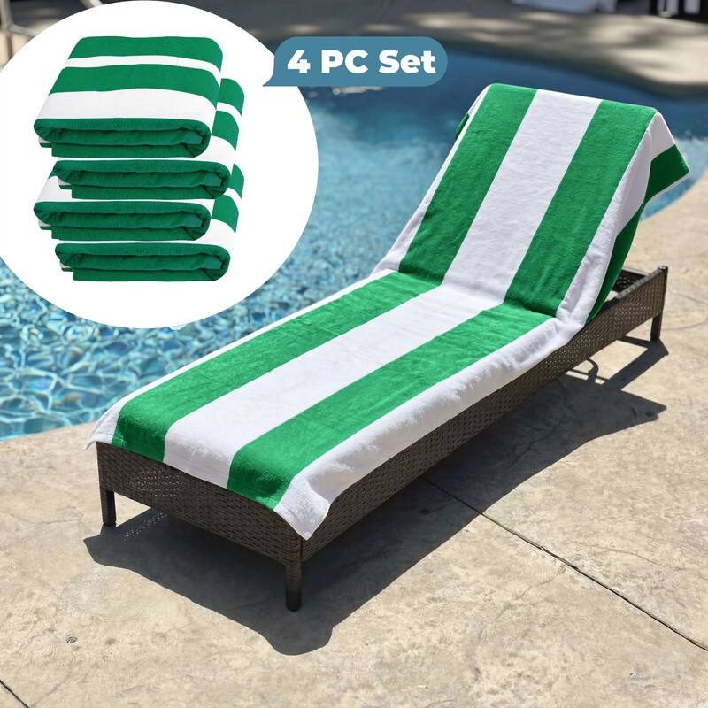 100% Cotton Cabana‑Stripe Lounge Chair Cover Terry Towel with Fitted Pocket & Back Flap Set of 4