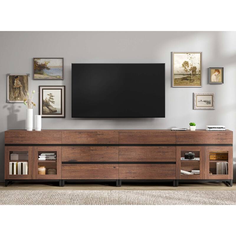 4-in-1 TV Stand for 120" TVs, Modern Console with Glass Doors & 8 Drawers
