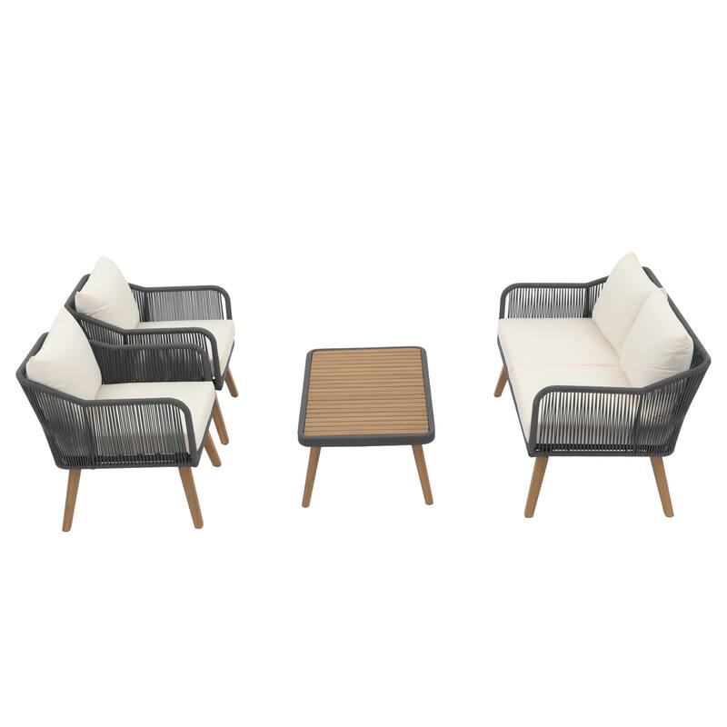 Outdoor 4 Pieces Rope Conversation Set with Cushions