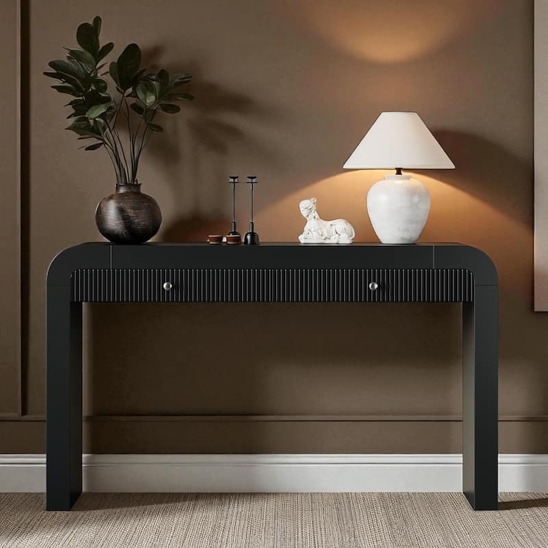 54.3" Rustic Console Table with Fluted Drawer, Curved Corners & Thick Legs, Entryway or Hallway Accent Table - Black