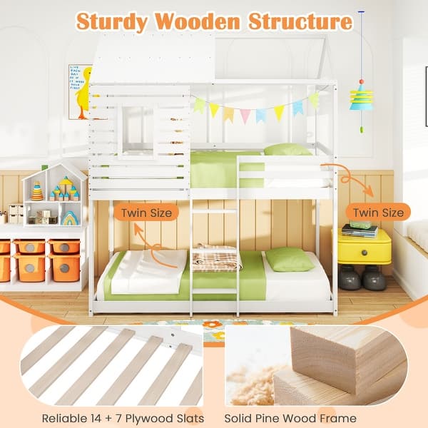 Kids Twin Over Twin House Bunk Bed with Guardrails and Ladder