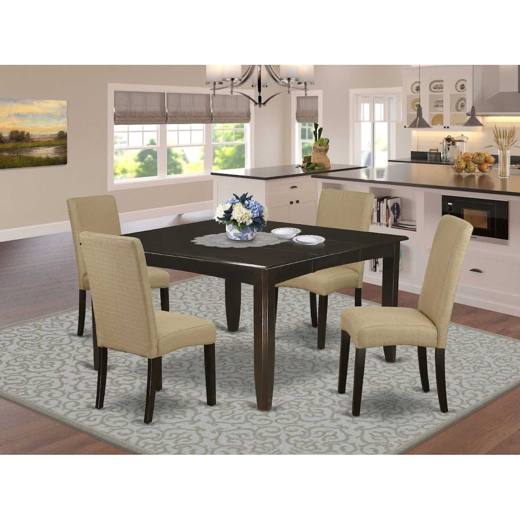 HomeStock 5-Piece Square Cappuccino Finish Solid Wood Top Dining Table with 4-Parson Chair with Butterfly Leaf Lattice Back
