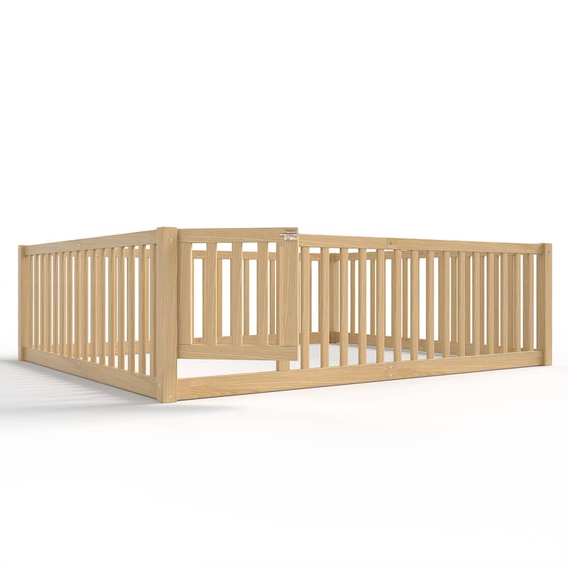 Montessori Floor Bed with Safety Guardrails & Door, Kids Low Profile Frame, Available in Queen/Full/Twin