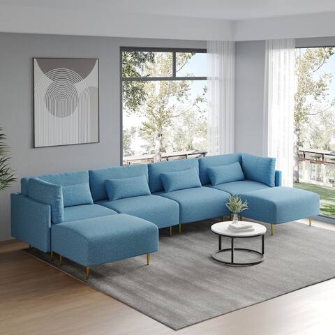 Modern 6-Piece Modular Linen Fabric L Shaped Sectional Sofa